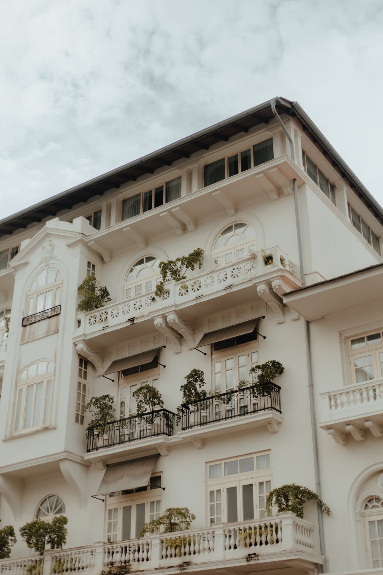 Casco Viejo on a Jewish heritage tour of Panama City. A white building with plant-covered balcony in a colonial style